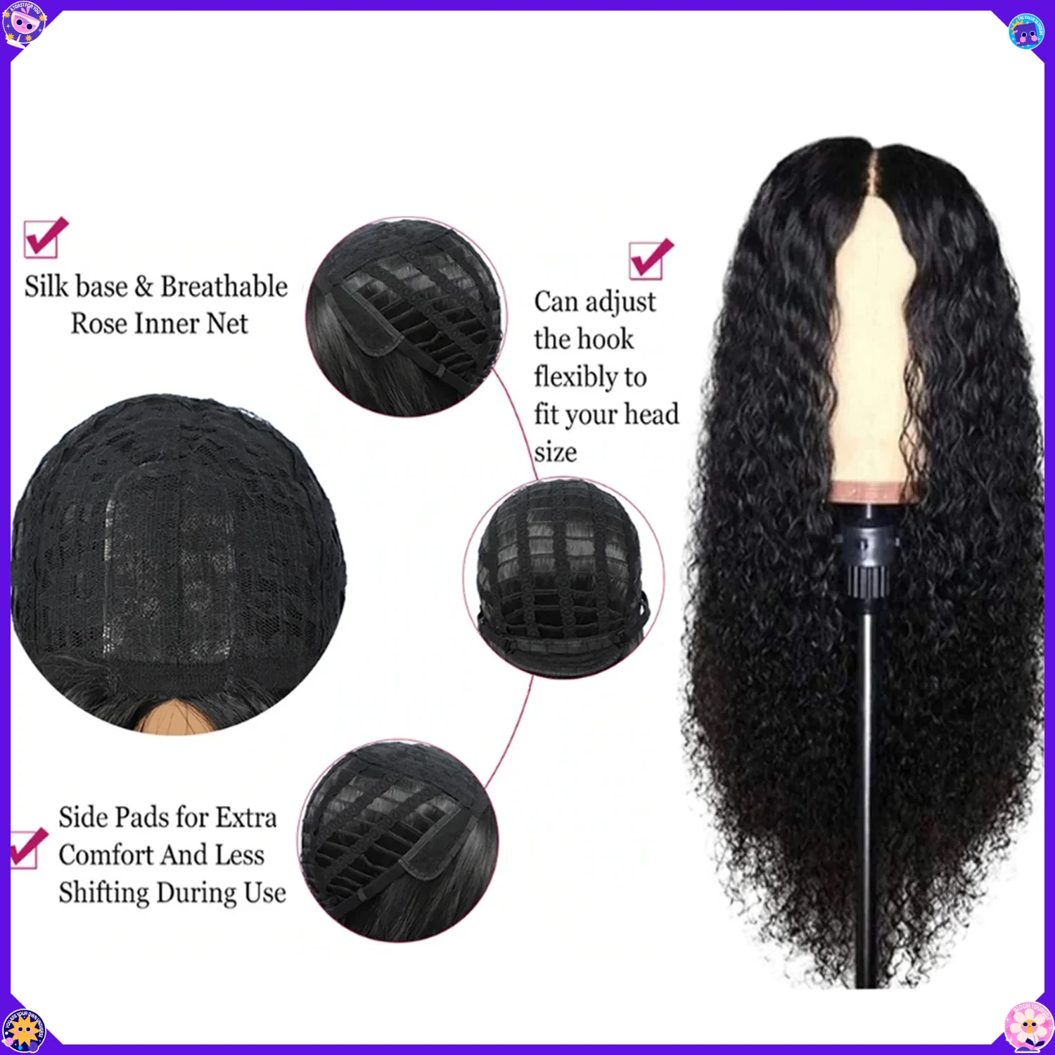 Synthetic Long Water Wave Curly Wig Glueless Middle Part Heat Resistant Fiber Natural Black Costume Daily Party Anime Style