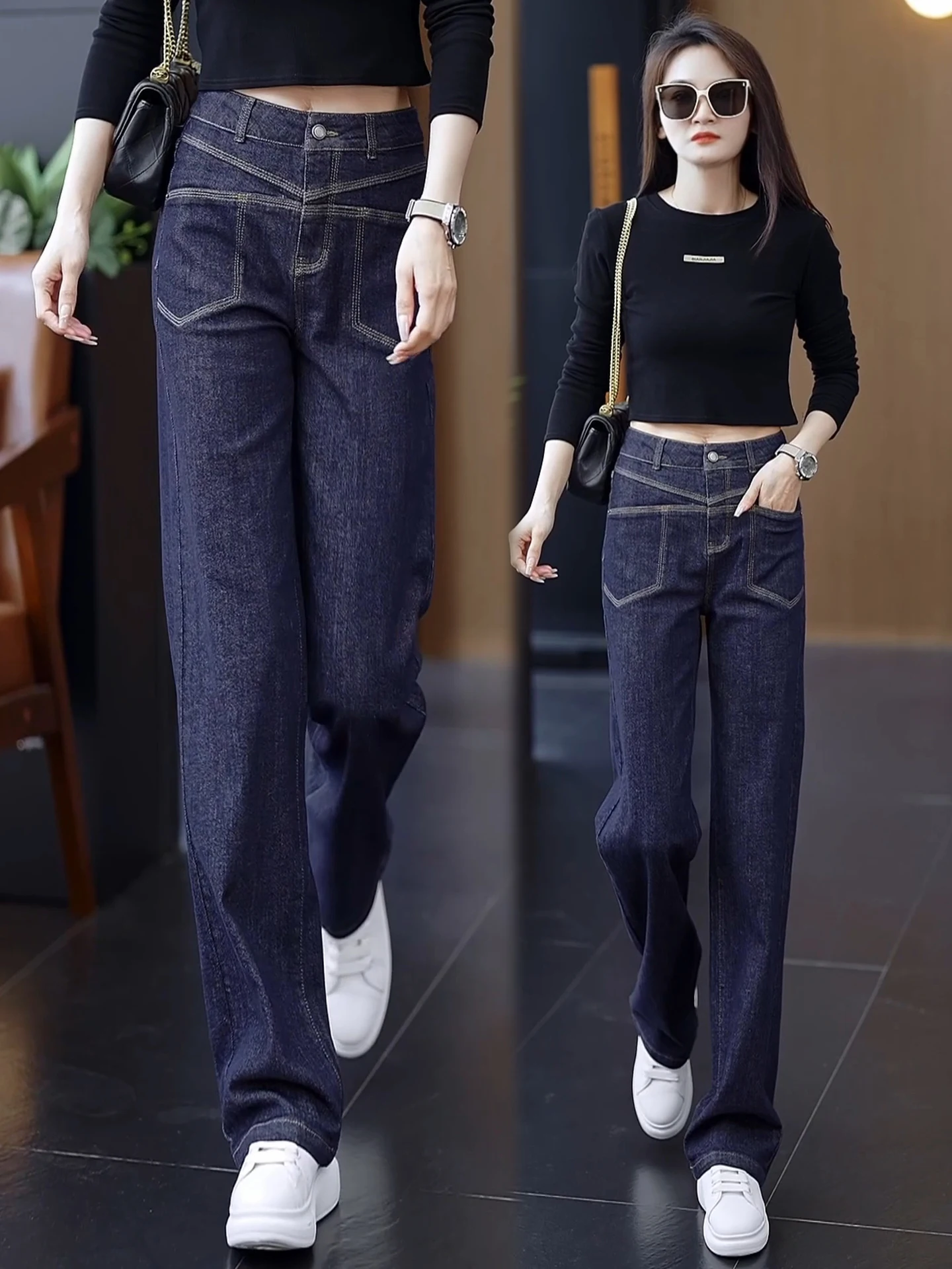 

Retro High Waist Slimming Casual Fleece Lined Narrow Version Straight Leg Jeans Women's Spring Autumn Winter New Style Wide L...