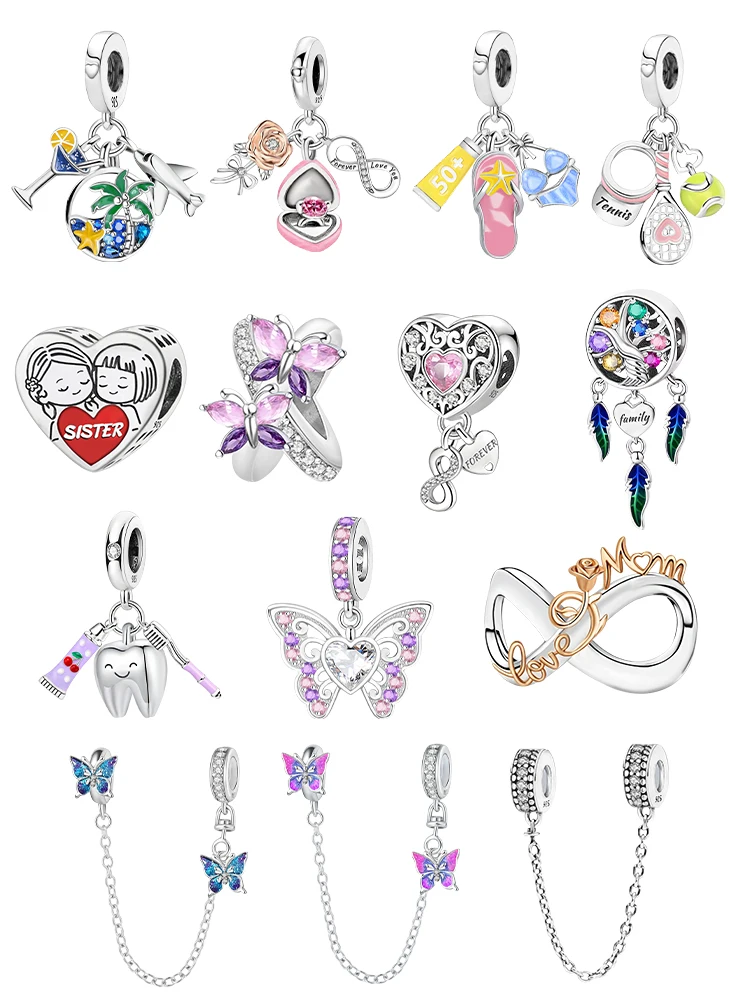 

925 Sterling Silver Sister Love Heart Butterfly Rose Pendant Charms Beads Fit Original Pan Bracelet Bangle Hot Sale DIY Jewelry