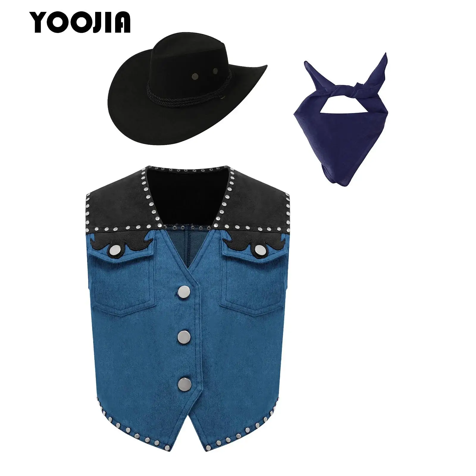 

Kids Western Cowboy Cowgirl Cosplay Costume Halloween Carnival Rivet Fringe Denim Cowboy Vest Tassels Waistcoat with Hat Bandana