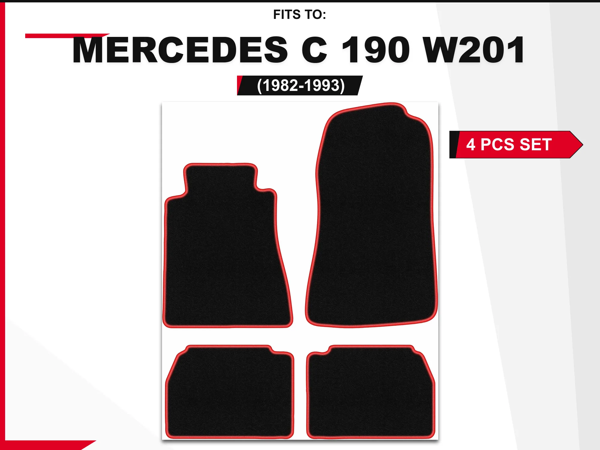 Velour matten voor: Mercedes C 190 W201 1982-1993 sedan zwart en rood bijpassende autovloerbedekking set