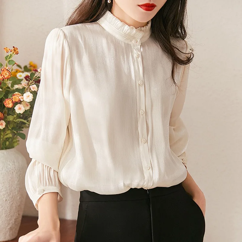 Chiffon Women\'s Shirts New Solid Casual Blouses O-Neck Ladies Clothing Loose RUFFLES Long Sleeves White Tops