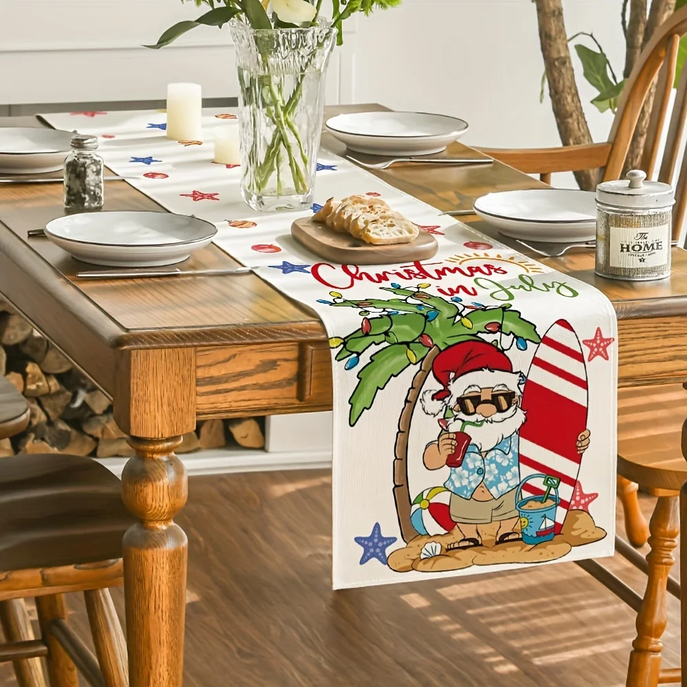 Christmas in July Table Runner Festive Decor with Santa Surfboard & Holiday Accents for Home & Party Decoration