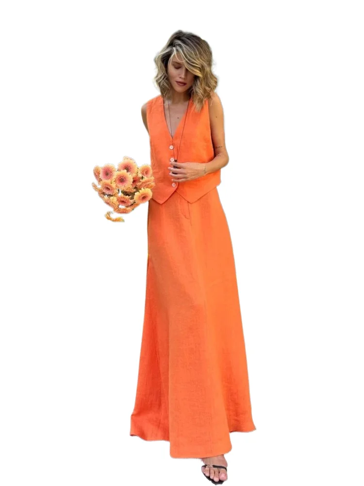 

Solid Color Two Piece Set For Women 2025 Fashion V Neck Sleeveless Top High Waist Temperament Skirts Elegant 2 Piece Sets Female