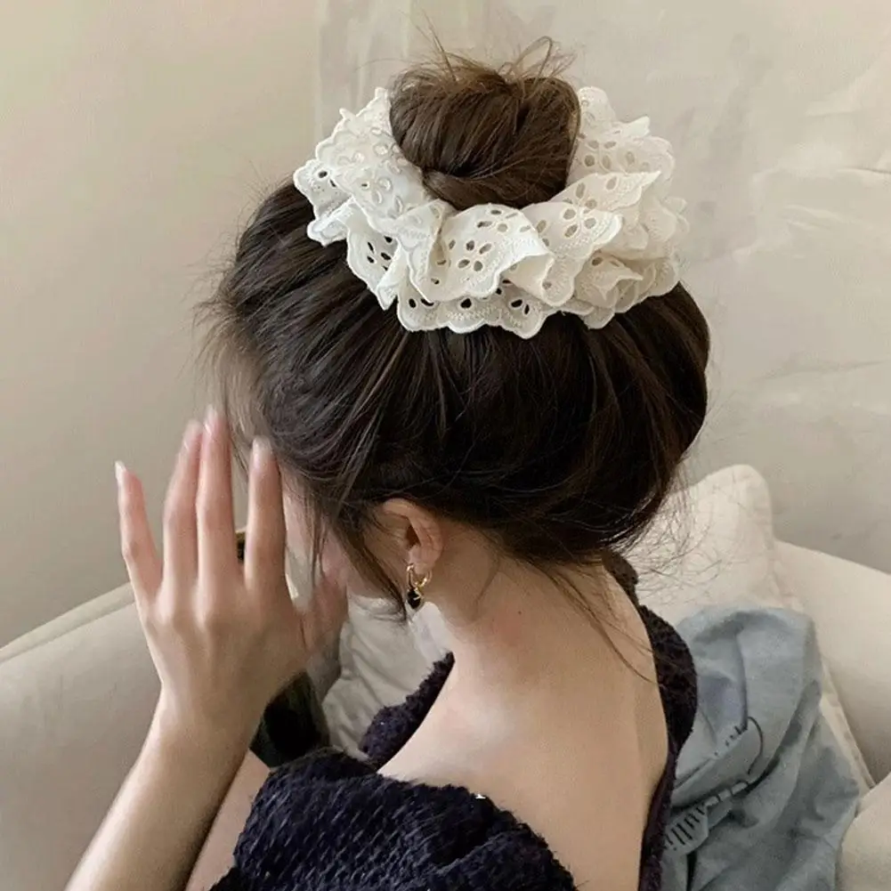 Korean Embroidery Hollowed Lace Ruffled Double-layer Scrunchie Lace Hair For Women Girls Lolita Elegant Ponytail Headwear