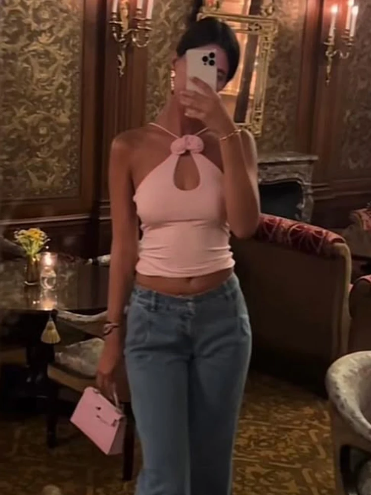 New Sexy Sleeveless Halter Neck 3D Three-Dimensional Floral Solid Top Versatile Beach Daily Comfortable Pink Womens Vest Clothes