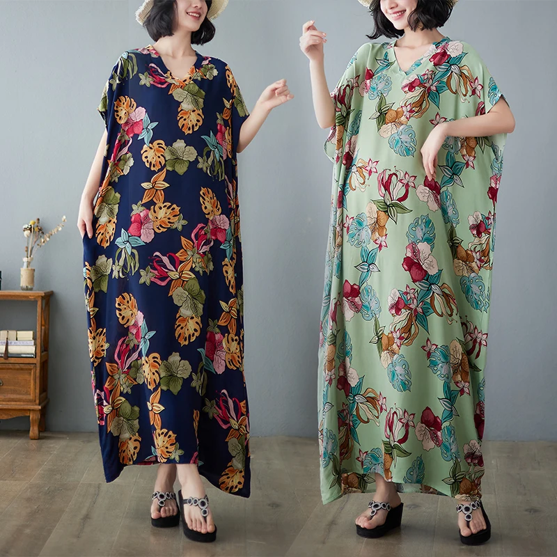 

Новый летний винтажный длинный халат больших размеров, женский халат Dr Meat, скрывающий, для похудения, удобный, антивозрастной, с цветочным узором, для поездок на работу...