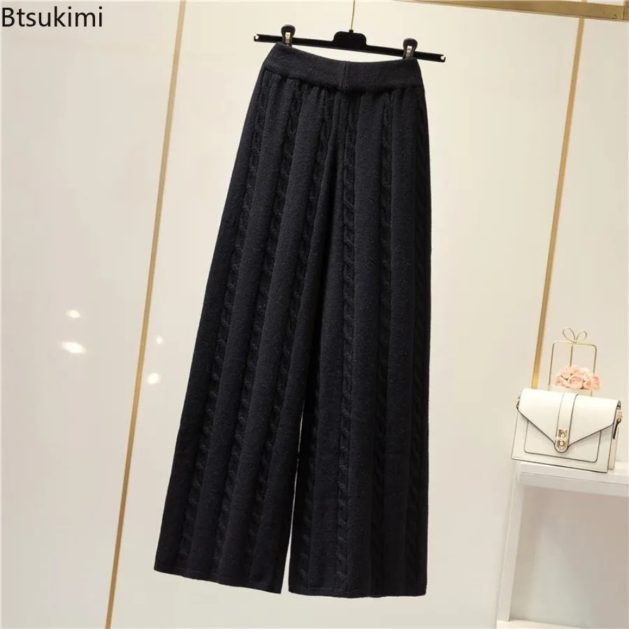 الشتاء محبوك بنطال ذو قصة أرجل واسعة المرأة عالية الخصر قطرة فضفاضة محبوك مستقيم الساق السراويل عادية اقتصاص بنطال ذو قصة أرجل واسعة للنساء