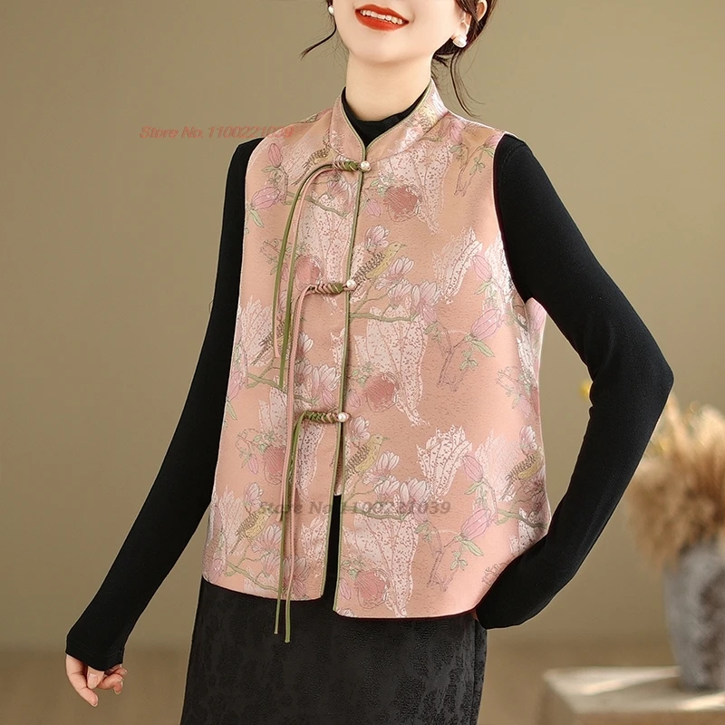 2024 chinese vintage gilet national flower print satin vest vintage streetwear stand collar sleeveless jacket waistcoat vest