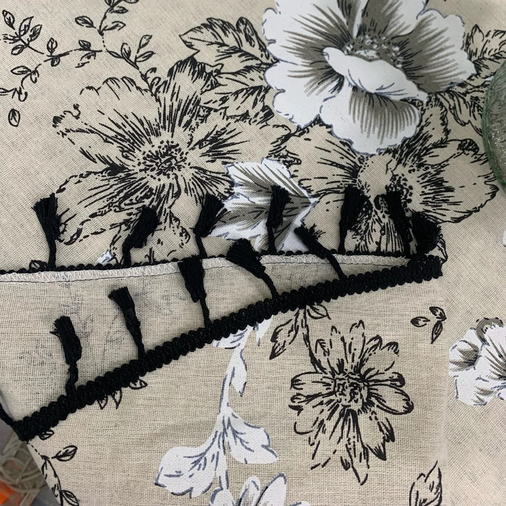 مفرش طاولة من القطن والكتان مفرش طاولة مستدير مزين بالزهور مع شرابات قابل للغسل للمطاعم والنزهات وغطاء الطاولة الداخلي لتزيين المنزل #6