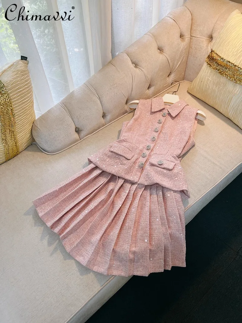 

French Retro Temperament Socialite Pink Sequined Lapel Sleeveless Fake Two-piece High Waist Slim Fit Pleated Short Dress Women