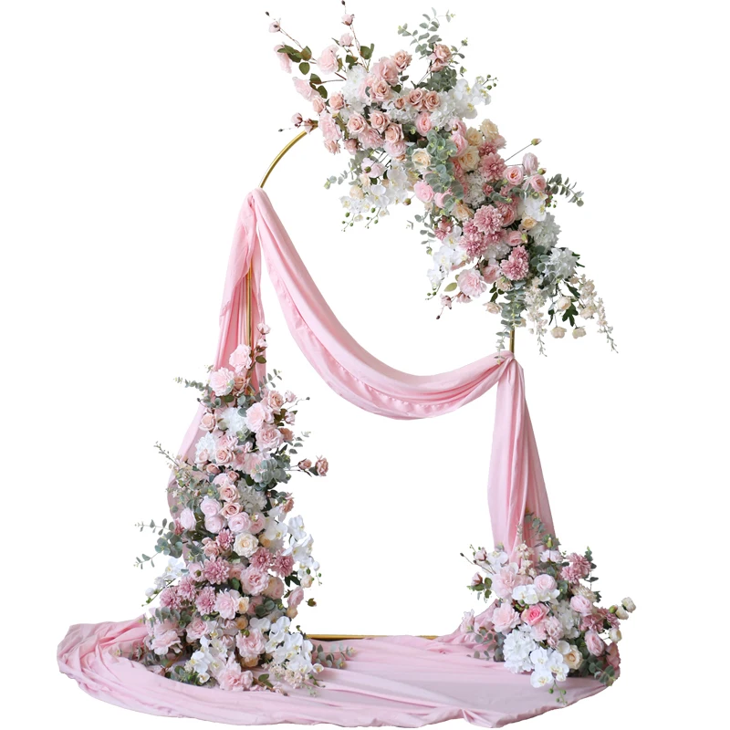 

Pink wedding photo background floral arch rose row hanging wall road window simulation flower