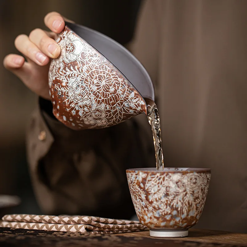 170ml Retro Gilded Silver Flower Tea Pitcher Ancient Old Rock Mud Coarse Pottery Chahai Coffee Justice Cup Tea Services Supplies
