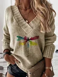 Women's sweater long-sleeved V-neck pullover dragonfly fashion casual sweater autumn and winter