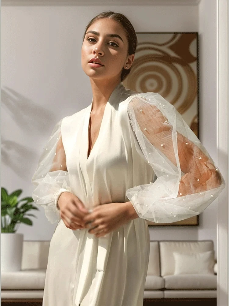 Bridal Gown with Pearls Bride Chic Silk Robe White Boudoir Satin Kimono Ins Popular Birthday Gift Women Dresses with Tulle Dress