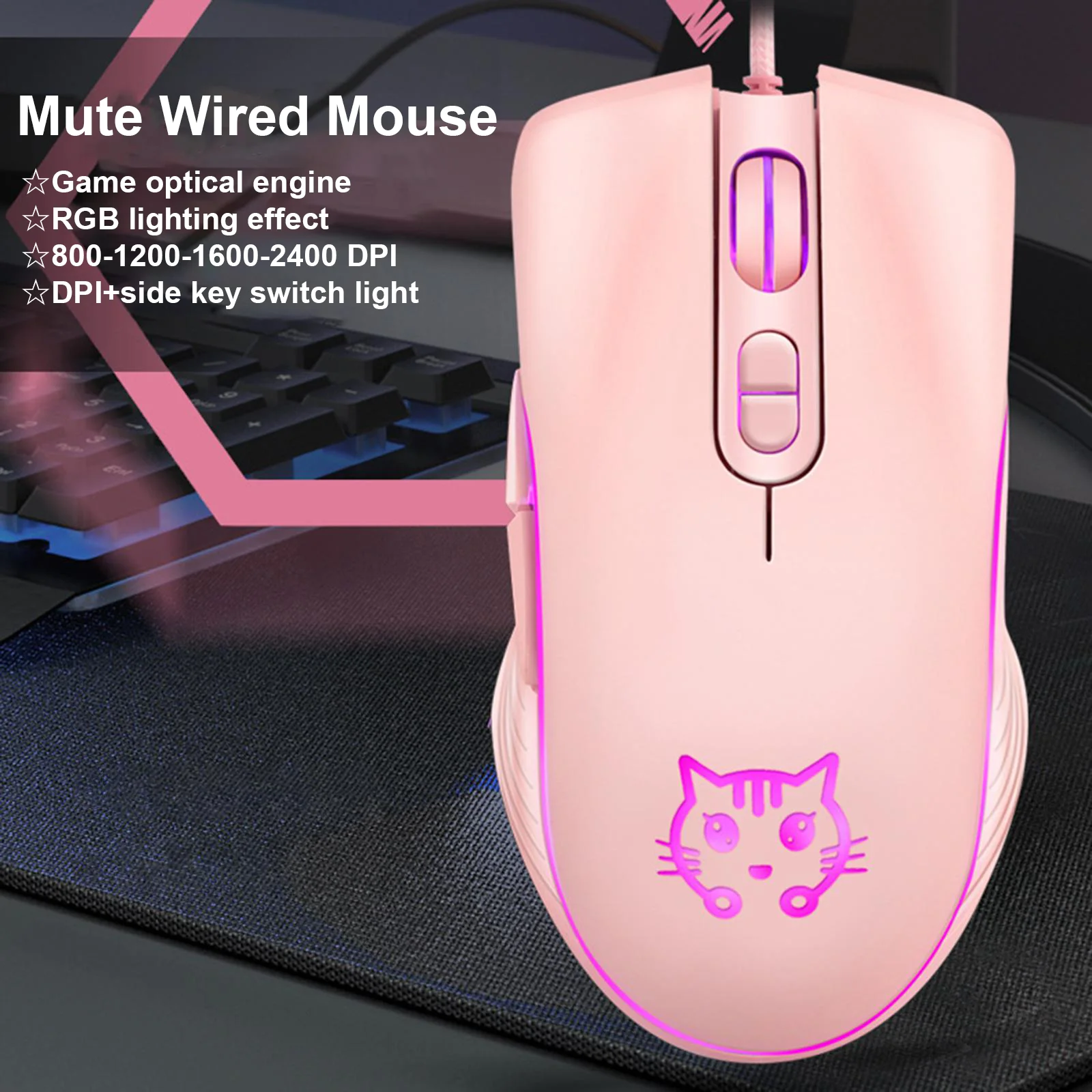 Wired Cute Luna Cat Mouse Mute Button Optical Ergonomic 2400DPI RGB Luminous Gaming USB Gaming Mice For Computer Laptop PC Gift