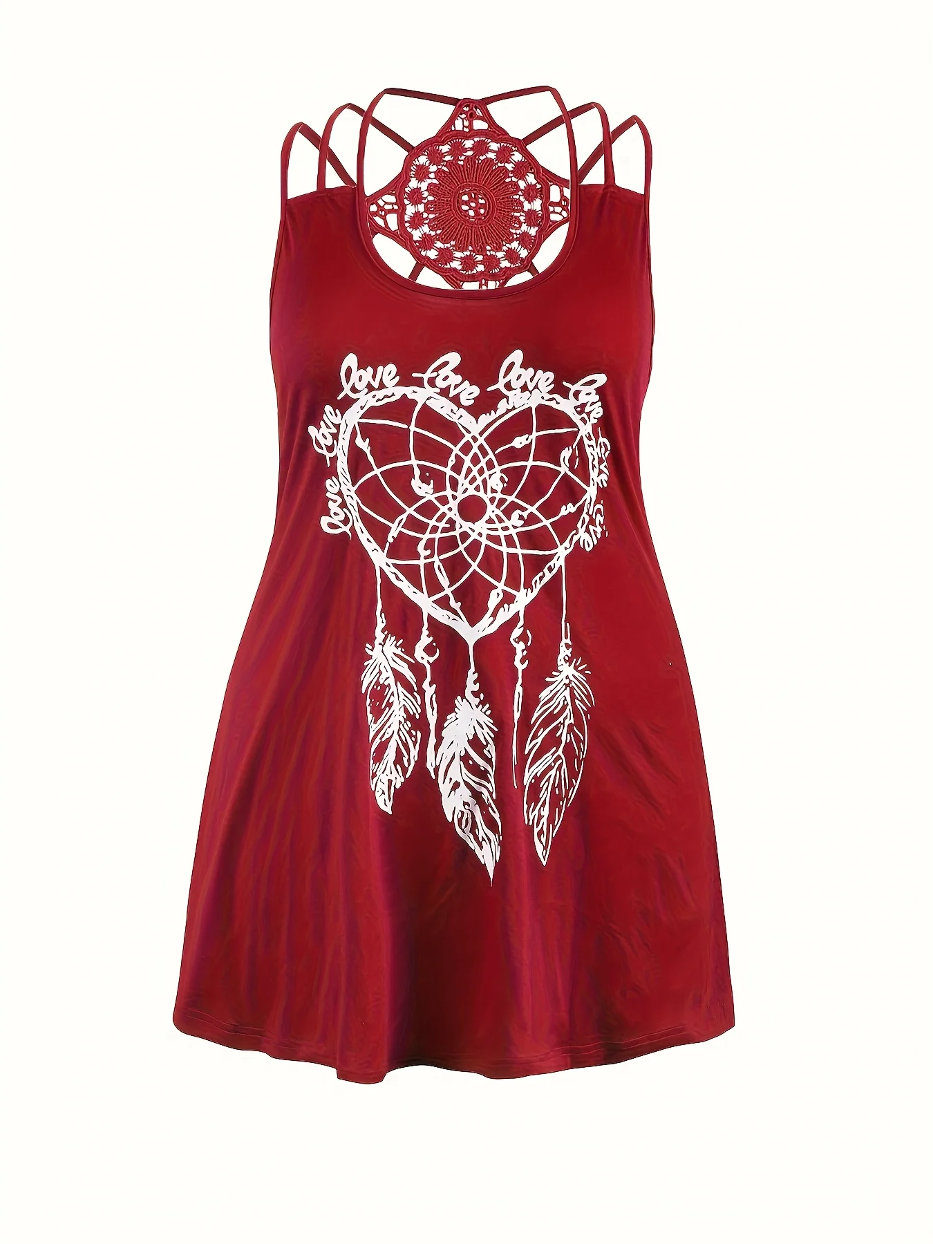 توب نسائي فضفاض بدون أكمام بحمالات مزدوجة باللون العنابي مع طباعة صائد الأحلام والحب، مقاسات كبيرة، موديل 2026 الجديد