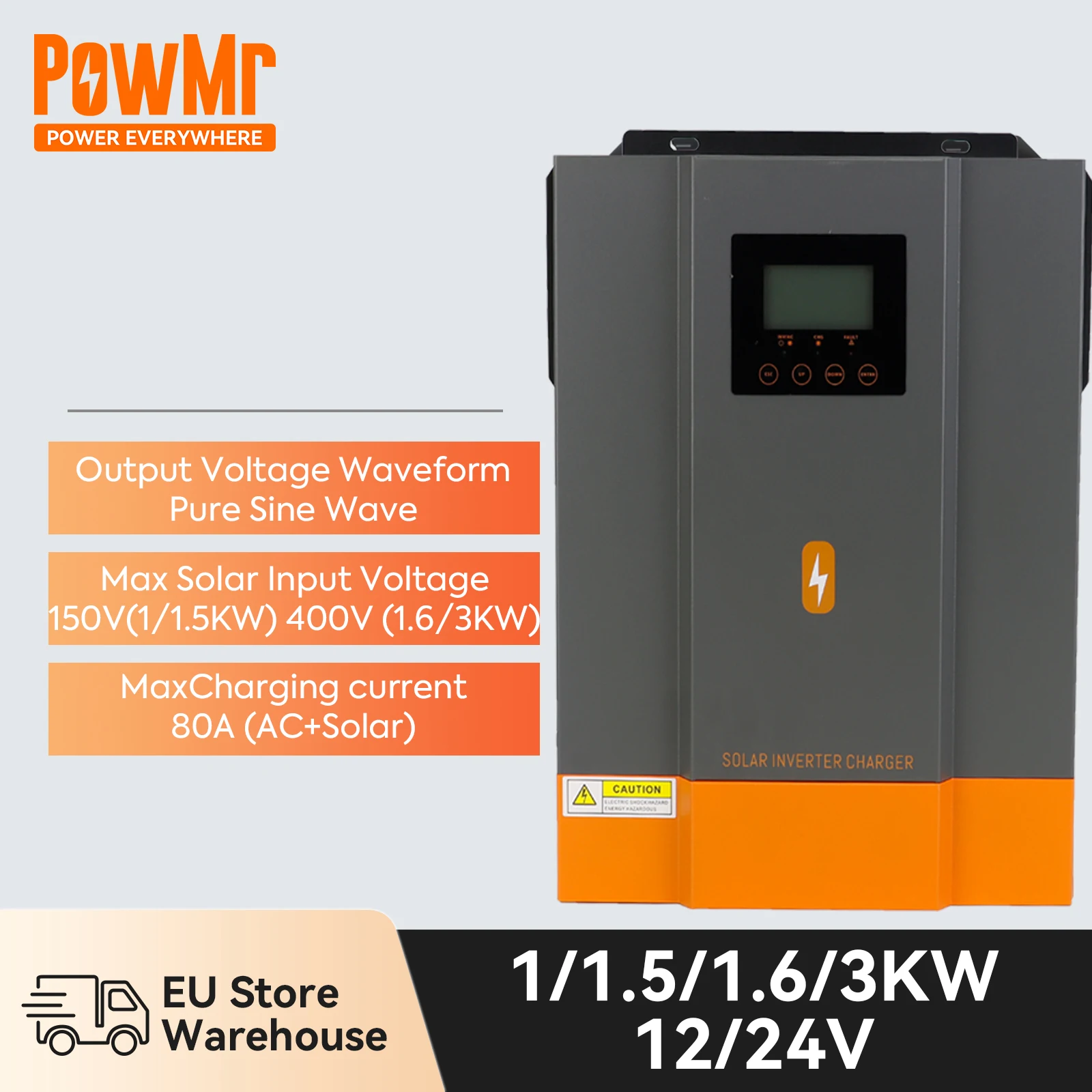 12V 24V Hybrid Solar Inverter 3KW 1.6KW 1.5KW 1KW MPPT 80A Off Grid Inverter Pure Sine Wave 220V 230V Max PV Power 2KW 3KW