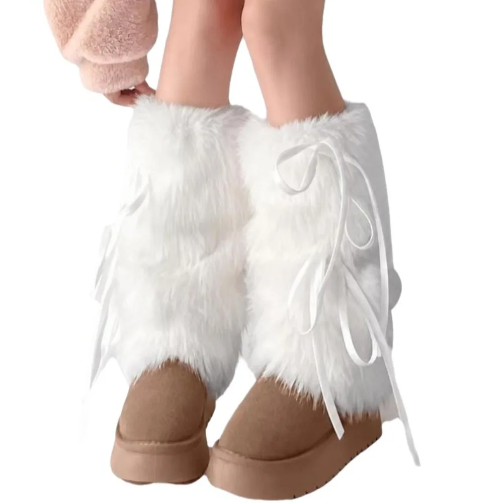 Foot Cover Faux Fur Furry Leg Warmers 35cm Y2K Lolita Boots Cover Solid Color Soft Knee High Girls Socks Daily Use