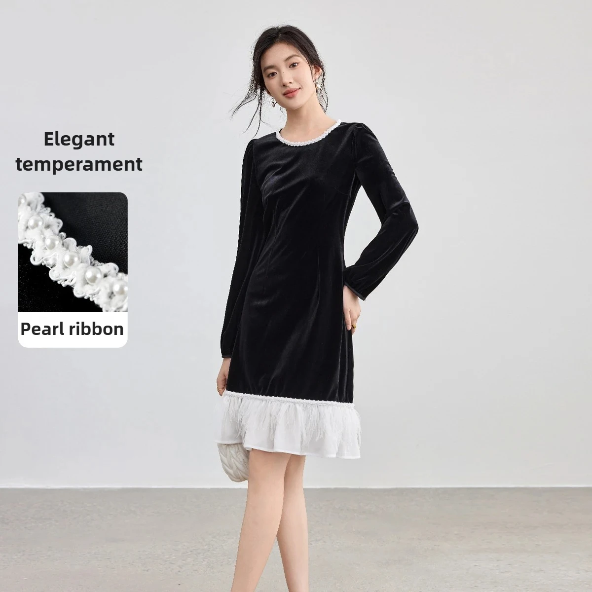 

SENTUBILA Elegant Velvet Midi Dress Women 2025 Autumn Long Sleeve Splicing Dress O-neck A-line Dresses Ladies Clothes 153LB2720