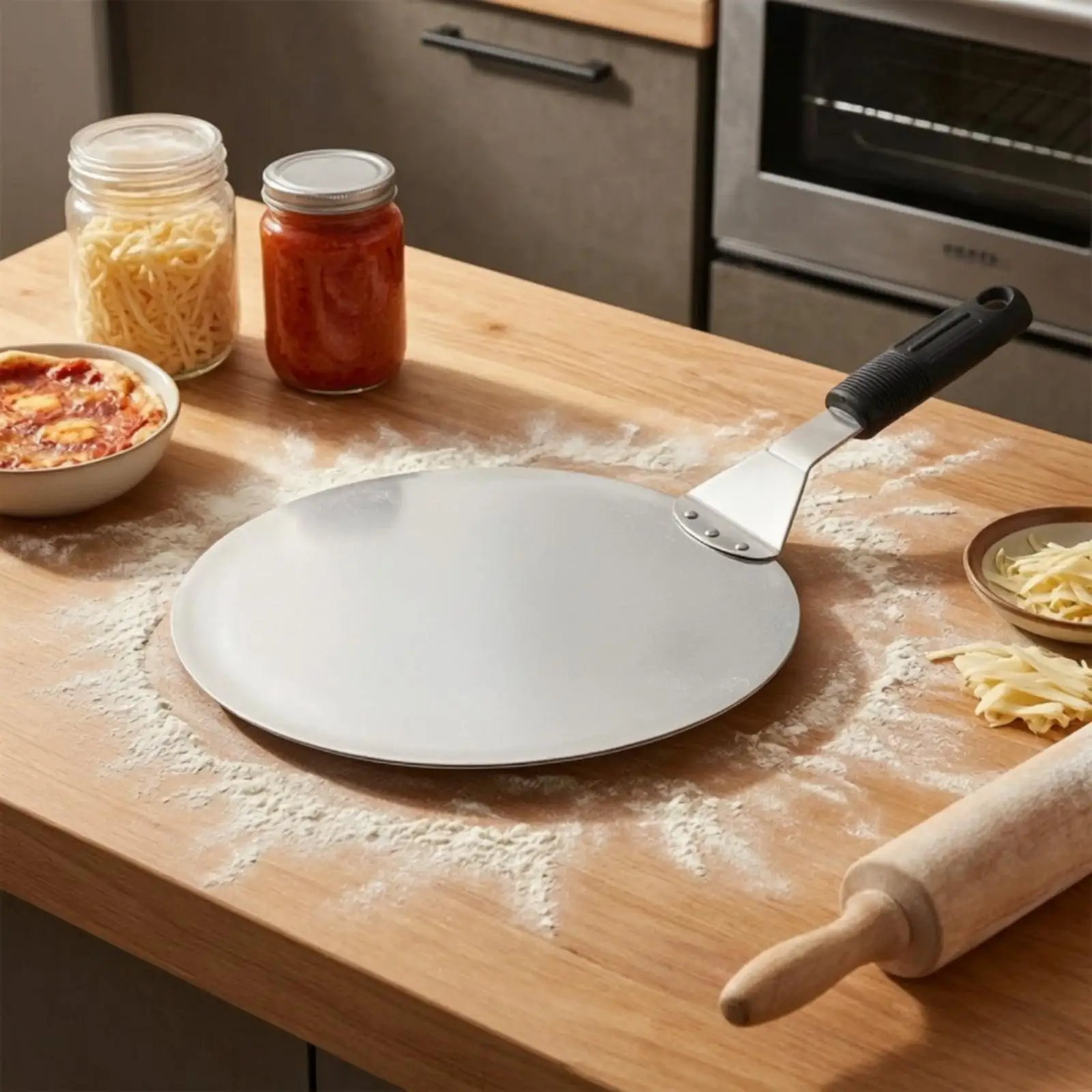 Professional Pizza Transfer Spatula Flat Round Steel Peel Sturdy Wood Handle for Pizza and Pastry