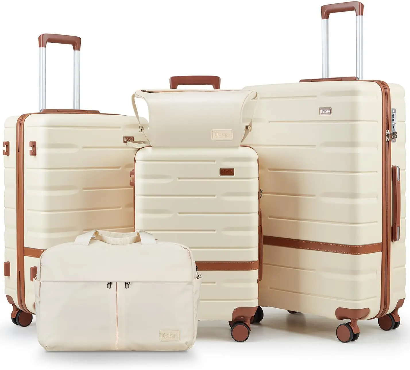 

Комплект из 3 предметов: жесткий чемодан с замком TSA, колесами-спиннерами и молниями YKK – легкий ручной чемодан бежевого цвета