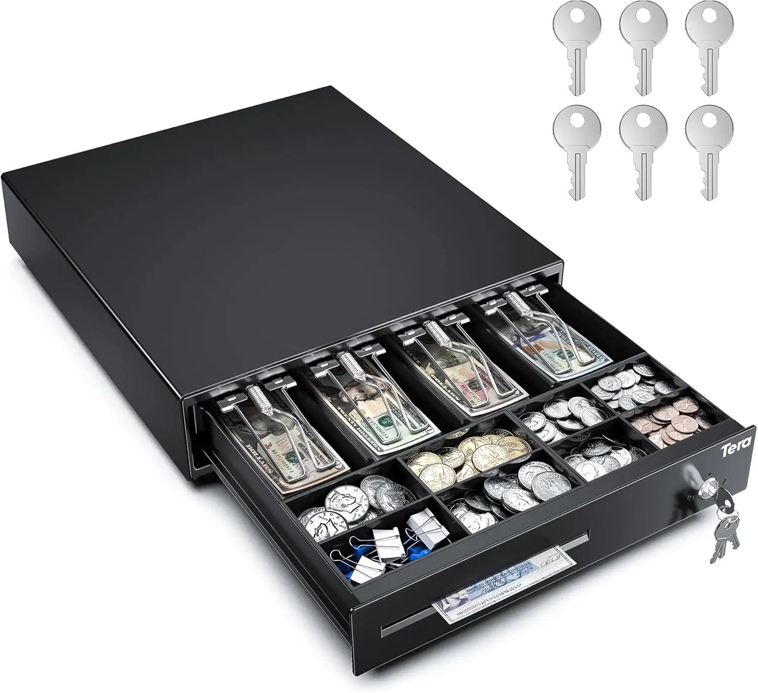 

13 Inch Auto Open Cash Register Drawer with 6 Keys Heavy Duty 4 Bill 8 Coin Removable Tray Media Slot 24V RJ12 for POS System