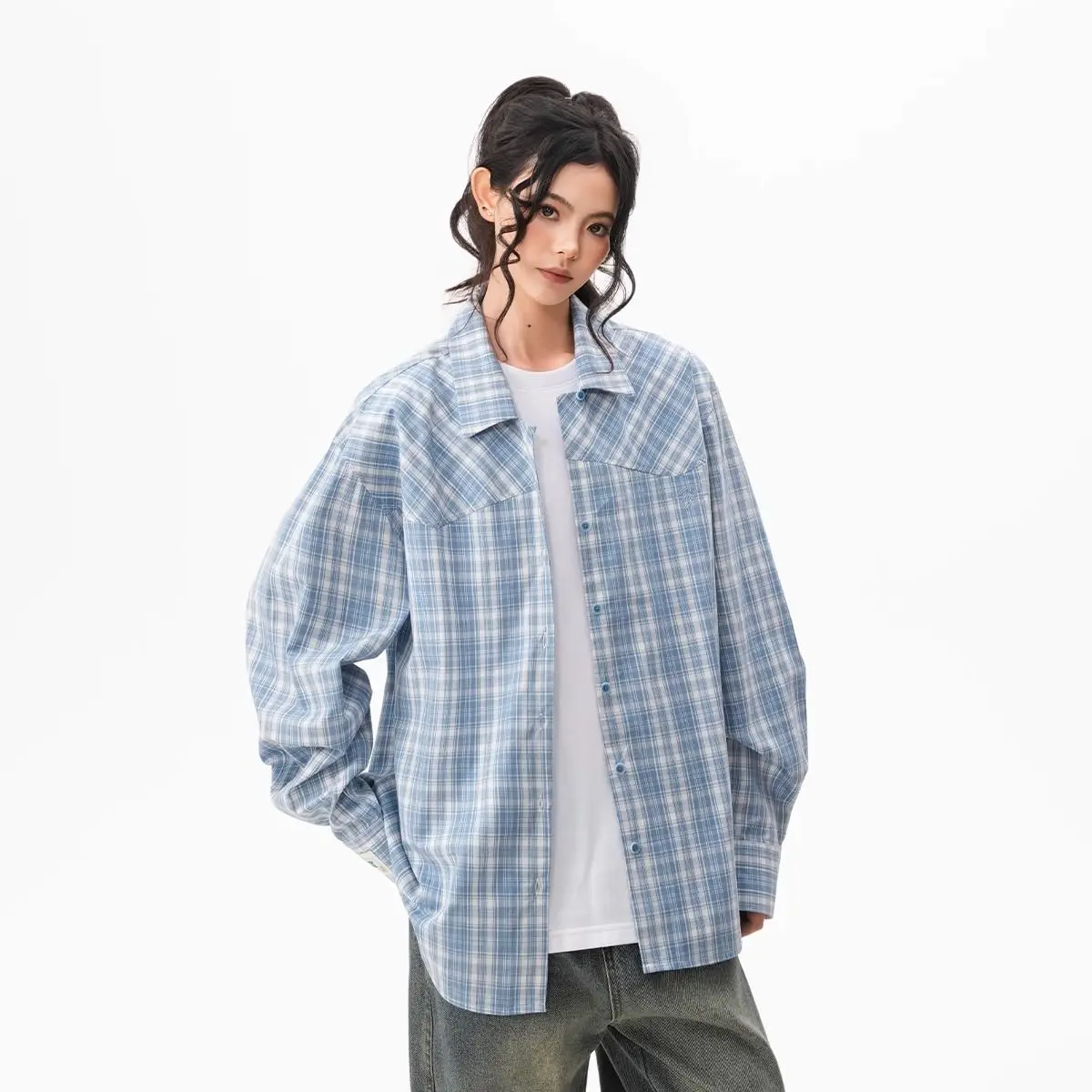 

Синяя рубашка в клетку с длинным рукавом и кубинским воротником, повседневная, молодежная, летняя, модная, из полиэфирного волокна, для пар