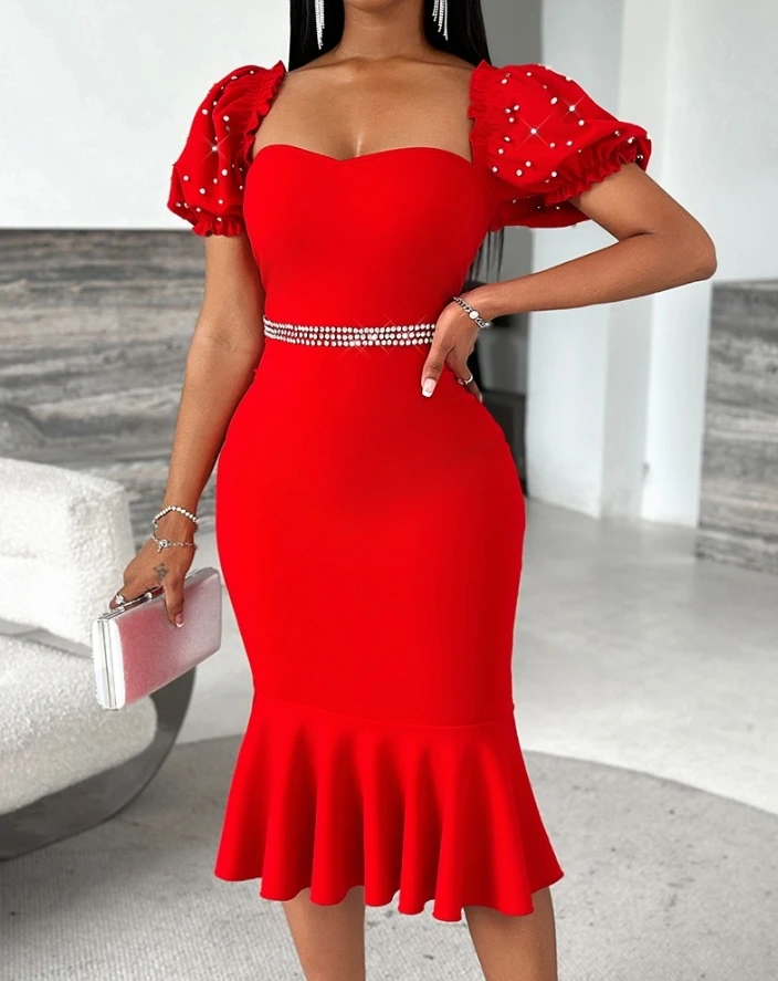 

Women's Dress Elegant Wedding Guest Party Gown Trendy Solid Square Neck Puff Sleeve Bodycon Beaded Fishtail Design Midi Dress