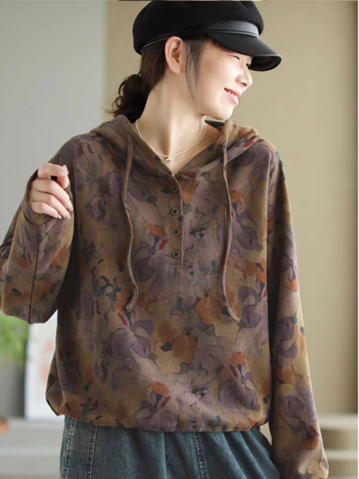 Felpa Dstring con cappuccio con stampa retrò ort Jaet Donna Autunno Inverno Base dimagrante irt Pendolarismo Versatile Top Trendy