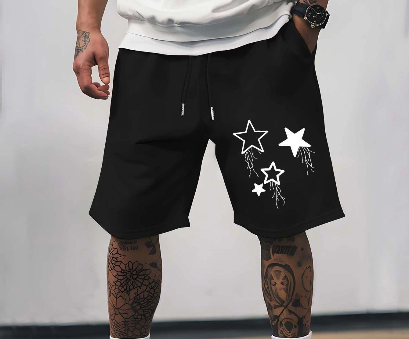 Men's Black Casual Summer Shorts with Five Pointed Star Design, Elastic Waistband and Drawstring, Fashionable Style Shorts