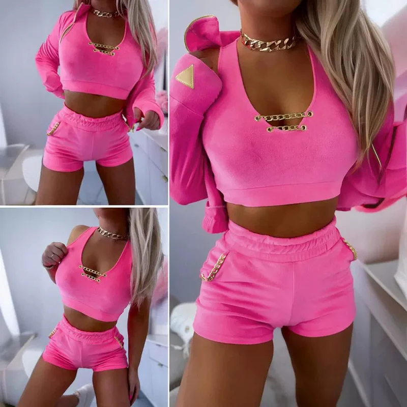 Cross-Border2024European and American New Arrival Hot Sale Party New Casual Velvet Sweatshirt Chain Three-Piece Set