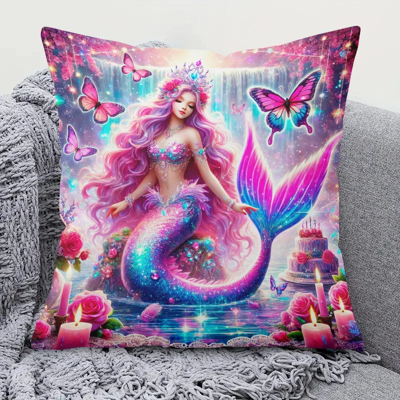 1pcs 2D Flat Mermaid Birthday Cake Glitter Pillowcase Fantasy Ocean Princess Art Kids Room Decor Soft Plush Cushion Cover Double view 2
