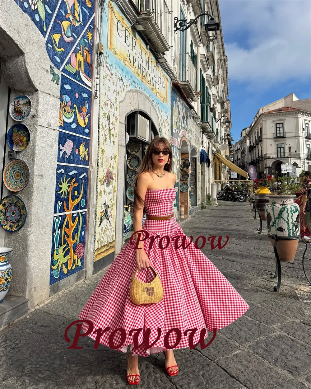 Prowow Elegant Contrast Color Strapless Prom Dresses Mid-calf Length A Line Wedding Party Gowns 2025 Women Customized Zip Back