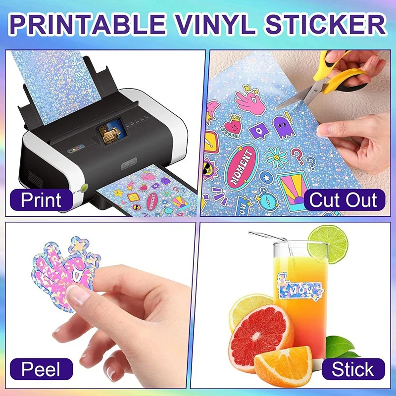 72 Sheets Holographic Sticker Paper With Gem Star Patterns A4 Size Printable Vinyl Sticker Paper, 8.27In X 11.7In