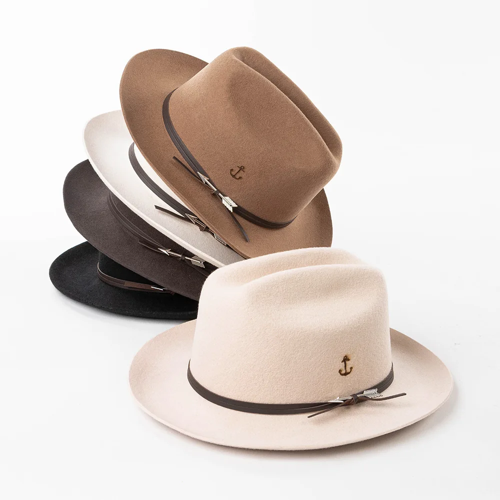 

British 100% Wool Belt-decorated fedora hat retro Wide brim hat men's hat top hat flat soft hat wholesale sombrero hombre