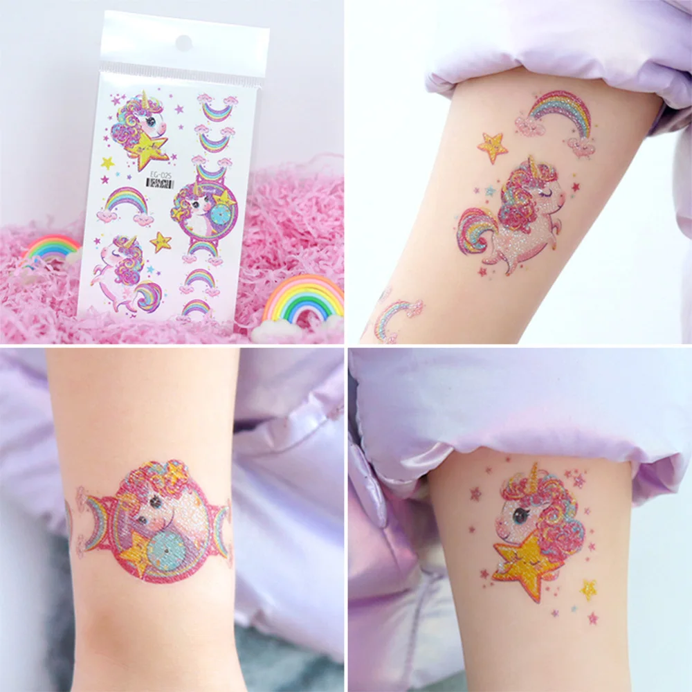 12 Blatt glitzernde rosa Einhorn-temporäre Tattoos, glitzernde Stile, wasserfest, glänzendes Regenbogen-Einhorn, Geburtstagsparty-Zubehör – Detail 7