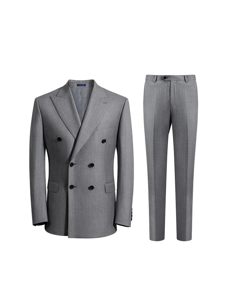 100% Wool Mens 3 Piece Double Breasted Suit Wedding Groom Wear Grey Slim Fit High Quality Blazer Vest Pant Normal Daily Clothing