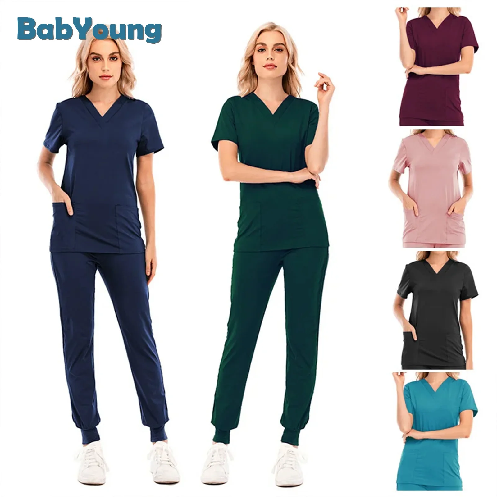 Verpleging Uniform Effen Kleur Korte Mouwen V-hals Vrouwelijke Werk Kleding Zakken Ziekenhuis Huisdier Tandheelkunde Kliniek Uniformen Verpleging Top