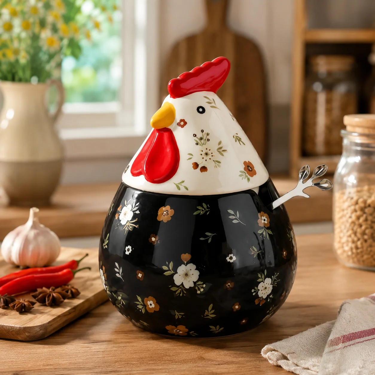 Vintage Ceramic Rooster Jar Hand Painted Chicken Storage Canister with Spoon Farmhouse Kitchen Decor Sugar Salt Spice Container