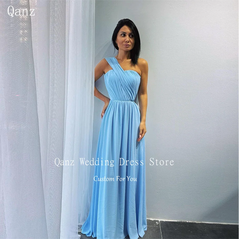 

Qanz One Shoulder Chiffon Evening Dresses Floor Length Elegant A Line Vestido De Noche Long Formal Occasion Dresses Customized