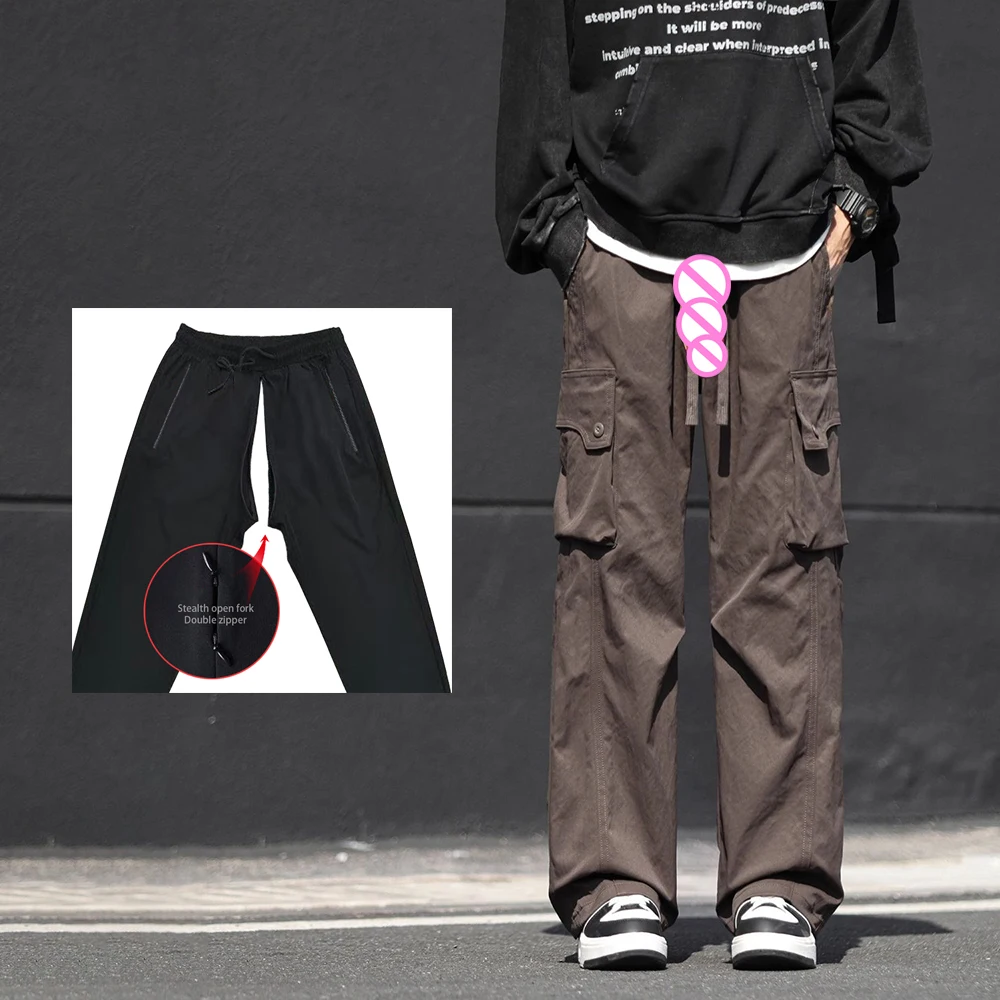 Invisible Open Crotch Outdoor Sex Exoticism Pants Men's Trend Paratrooper Cargo Men Loose Straight Handsome Casual Multi-pocket