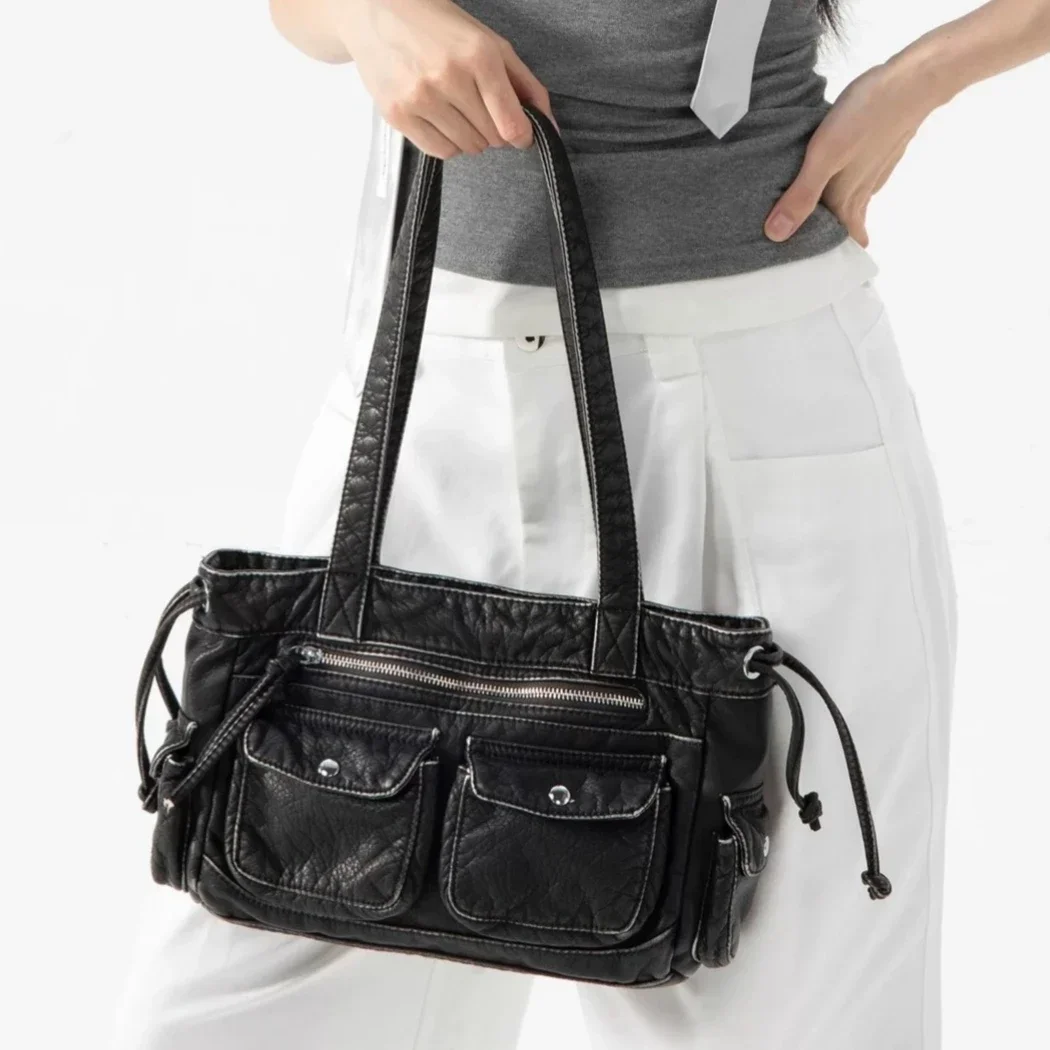 

Y2K панк с несколькими карманами мотоциклетная сумка роскошные ретро женские сумки на плечо из мягкой искусственной кожи сумки большая сумка-шоппер