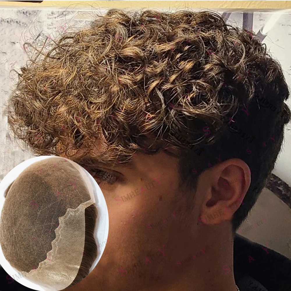 20mm masculino permanente encaracolado peruca nós descorados virgem perucas de cabelo humano cinza loira durável q6 base sistema de prótese frontal do laço