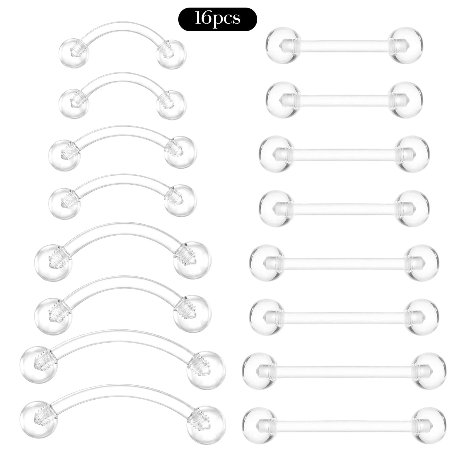 16pcs Clear Acrylic Tongue Rings 14g 1.6mm Barbell Piercing Jewelry Flexible Plastic Retainers for Belly Nipple Lip Eyebrow