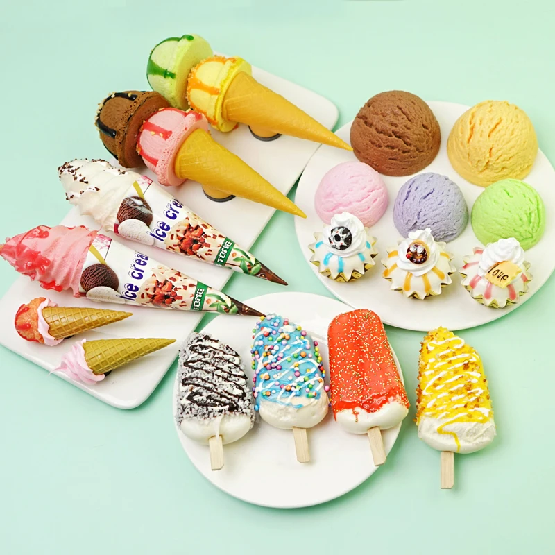 Restaurant Desktop Decoration Crafts Color Miniatures Ice Cream Cone Pu Material Dessert Decoration Model 6pcs/set