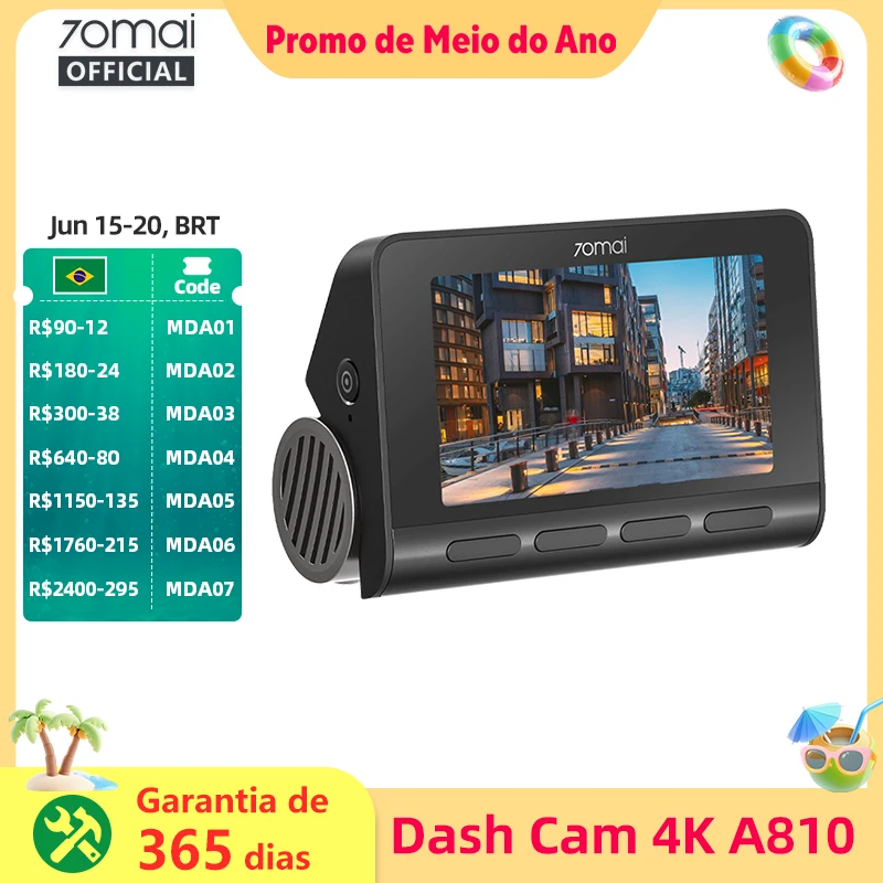 Câmera Veicular 70mai 4K A810 HDR com GPS Integrado, ADAS, Monitoramento de Estacionamento 24H, Compatível com 4G, DVR Automotivo 70mai A810