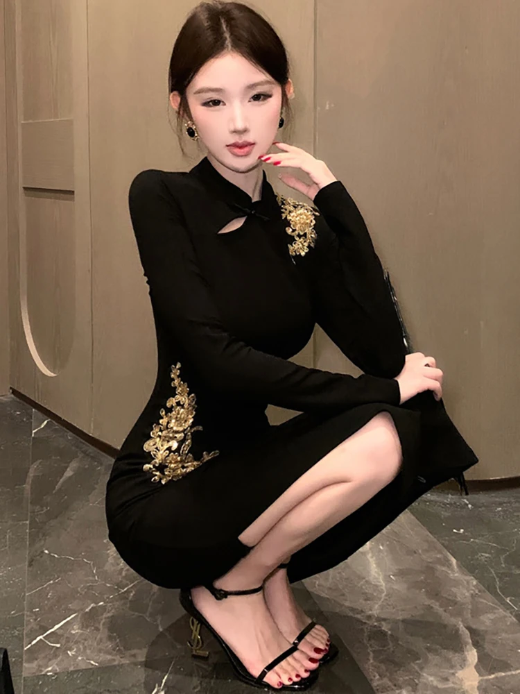 خريف شتاء أسود شيك الترتر طباعة فستان طويل 2025 الكورية خمر هيبورن مساء فستان المرأة أنيقة Bodycon مهرجان فستان #4