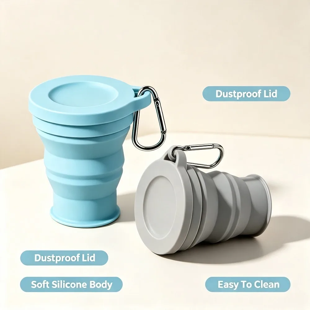 180ml Silicone Folding Water Cup Portable Travel Collapsible Cup with LidCarabiner Outdoor Camping Fold‑able Drinking Mug