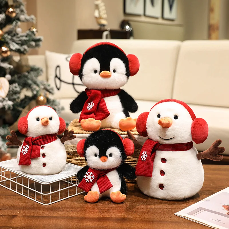 Christmas Penguin Snowman Plush Doll With Red Earmuffs Scarf Snowflake Soft Stuffed Toy For Winter Holiday Home Decor Gift